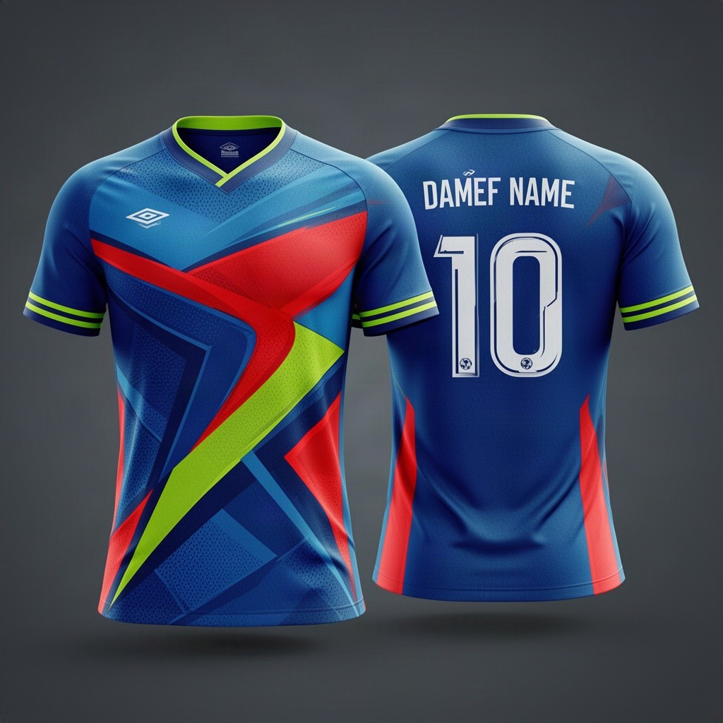 A vibrant and dynamic futsal jersey design featuring bold, modern colors like electric blue, bright red, and lime green
