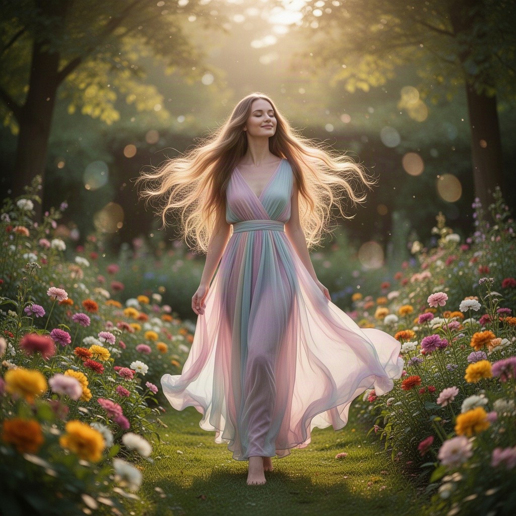 A beautiful female figure standing in a serene garden, surrounded by vibrant flowers and lush greenery