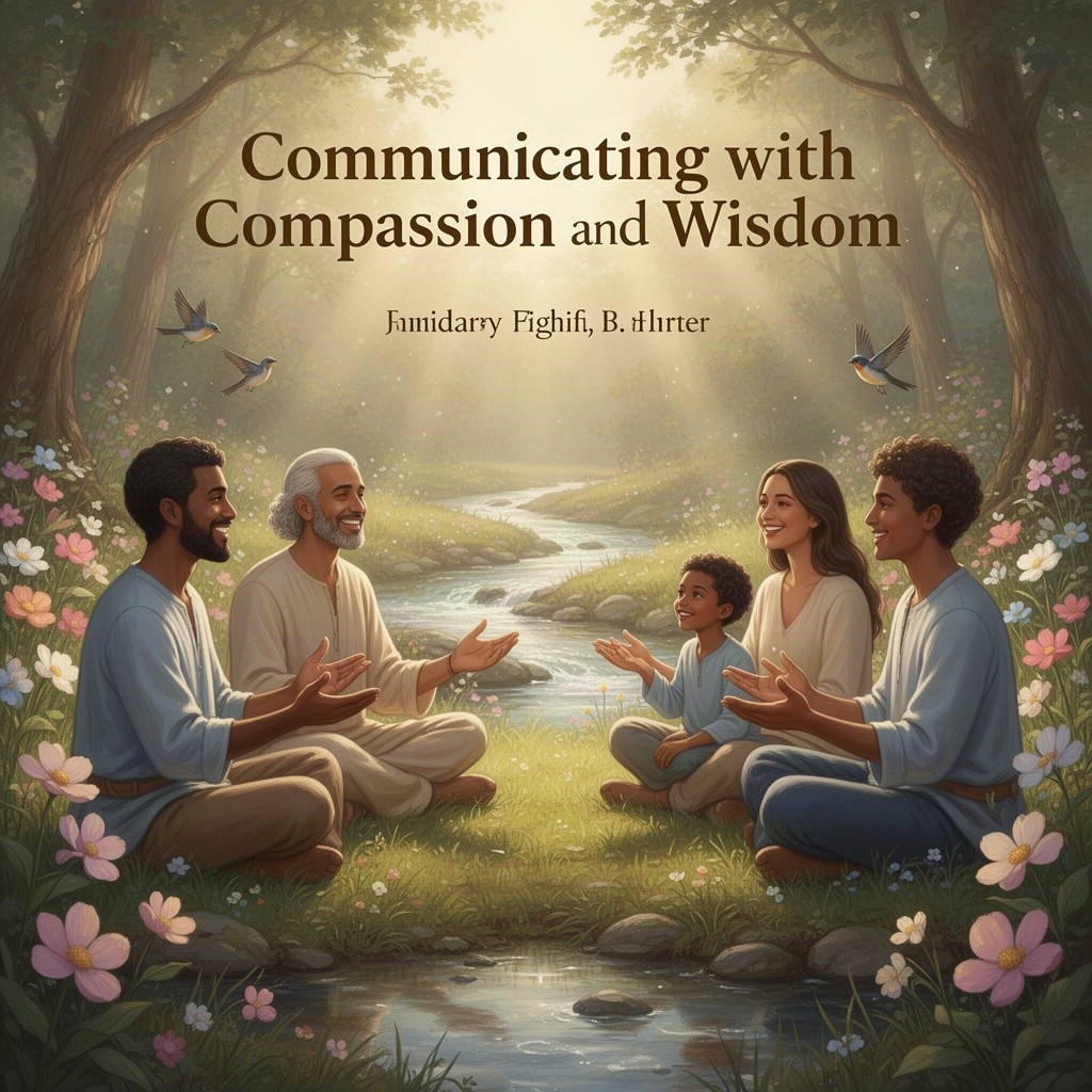 A serene and inspiring poster depicting a diverse group of individuals engaged in heartfelt communication