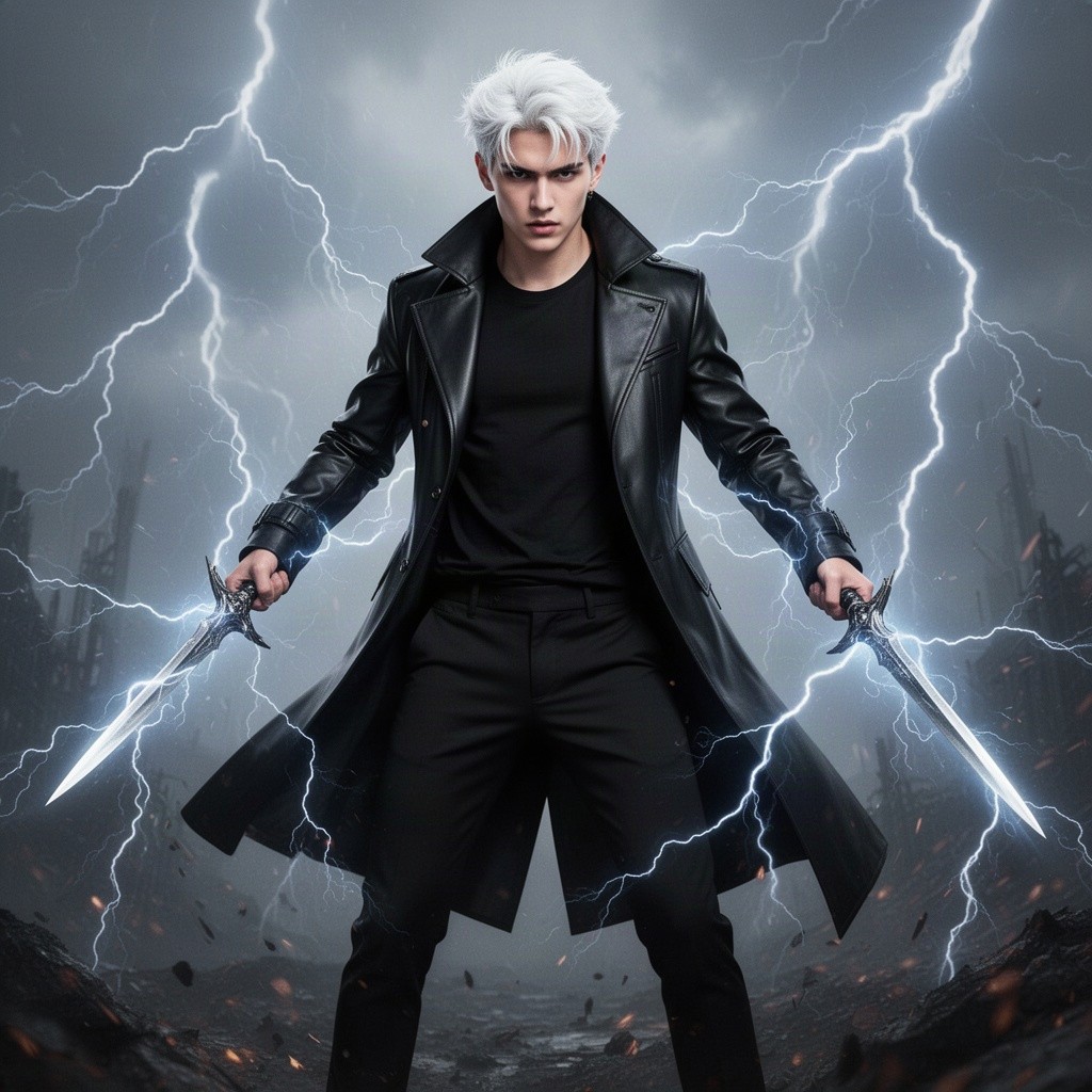 A young man with striking white hair wearing a sleek black coat, black trousers, and a black t-shirt stands confidently, wielding two daggers that emit powerful bolts of lightning