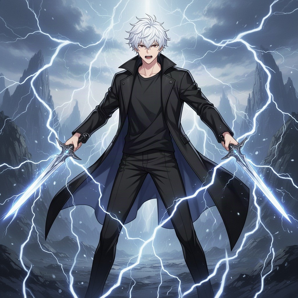 A young man with striking white hair, dressed in a sleek black coat, black trousers, and a black t-shirt, stands confidently wielding two daggers that discharge powerful bolts of lightning