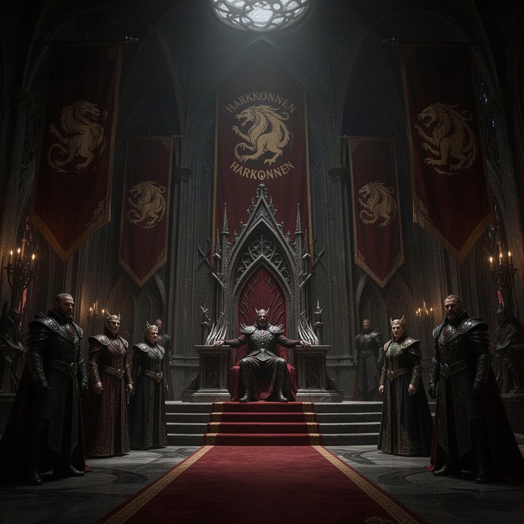 The House of Harkonnen, an oppressive and powerful family in Frank Herbert's Dune universe, demonstrating their ruthless and strategic nature through a grandiose throne room filled with dark, rich colors