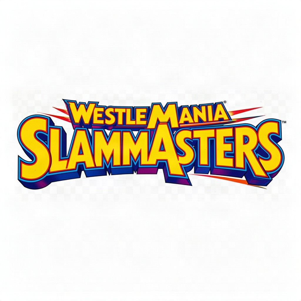 A vibrant and eye-catching design featuring the iconic 1980s WestleMania logo font spelling out 'SLAMMASTERS'