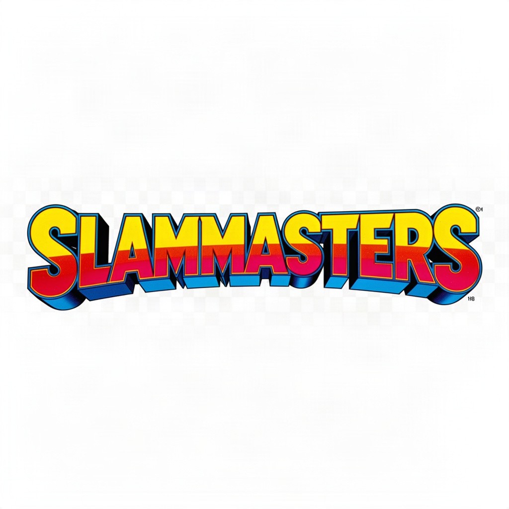 A vibrant and eye-catching design featuring the iconic 1980s logo font spelling out 'SLAMMASTERS'