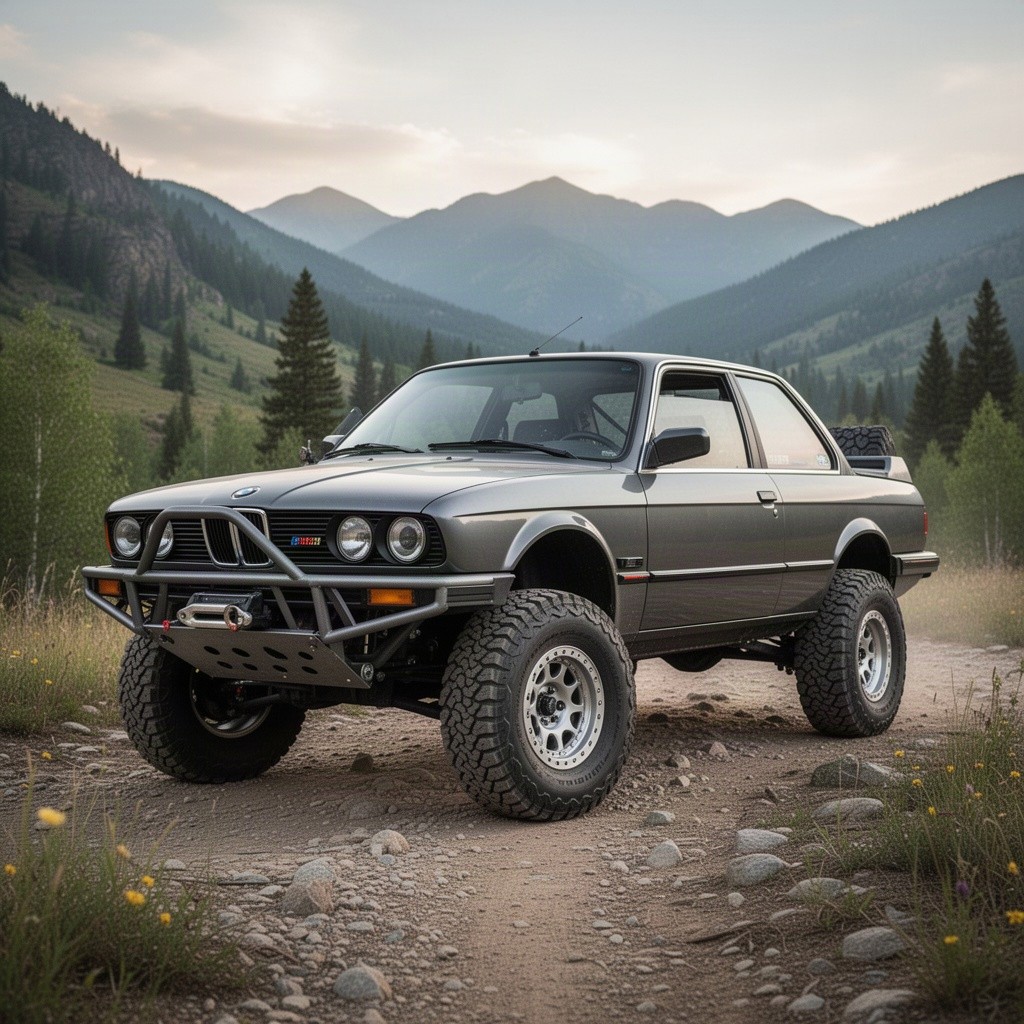 A rugged BMW E30 modified for off-road adventures, showcasing a 2-inch lift and equipped with 15-inch wheels fitted with aggressive off-road tires