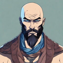 A high-quality digital art portrait of a young, bald Goliath male with deep-set blue eyes and a dark beard