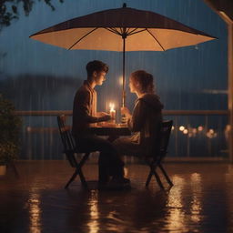 A decorative candle-lit dinner under a gentle rain at night, featuring a handsome boy seated while the girl stands proposing to him in a cinematic short scene.