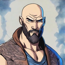 A high-quality digital art portrait of a young, bald Goliath male with deep-set blue eyes and a dark beard