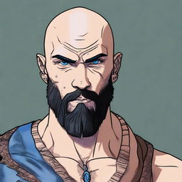 A high-quality digital art portrait of a young, bald Goliath male with deep-set blue eyes and a dark beard