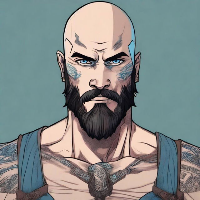 A high-quality digital art portrait of a young, bald Goliath male with deep-set blue eyes and a dark beard