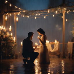 A decorative candle-lit dinner under a gentle rain at night, featuring a handsome boy seated while the girl stands proposing to him in a cinematic short scene.