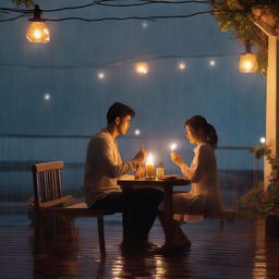 A decorative candle-lit dinner under a gentle rain at night, featuring a handsome boy seated while the girl stands proposing to him in a cinematic short scene.