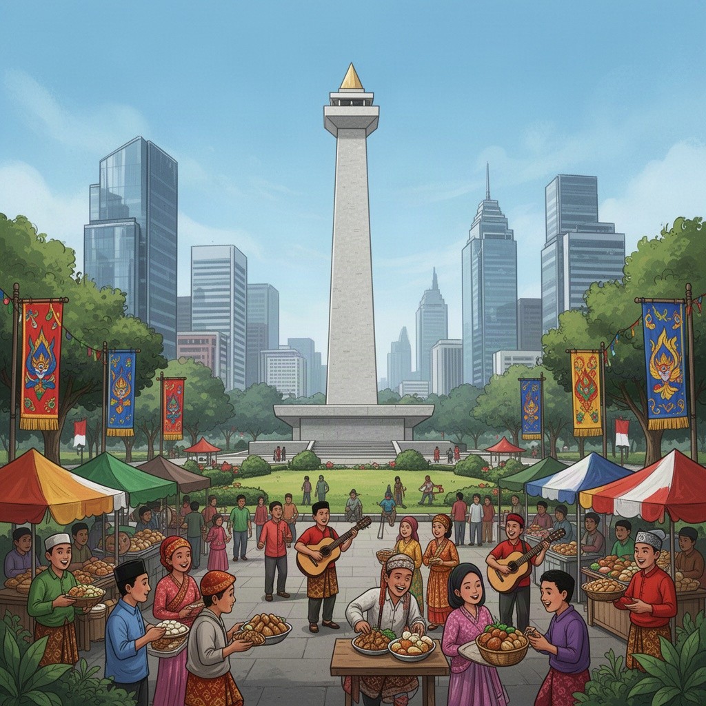 An enchanting illustration showcasing the vibrant tourist attractions of Jakarta, Indonesia