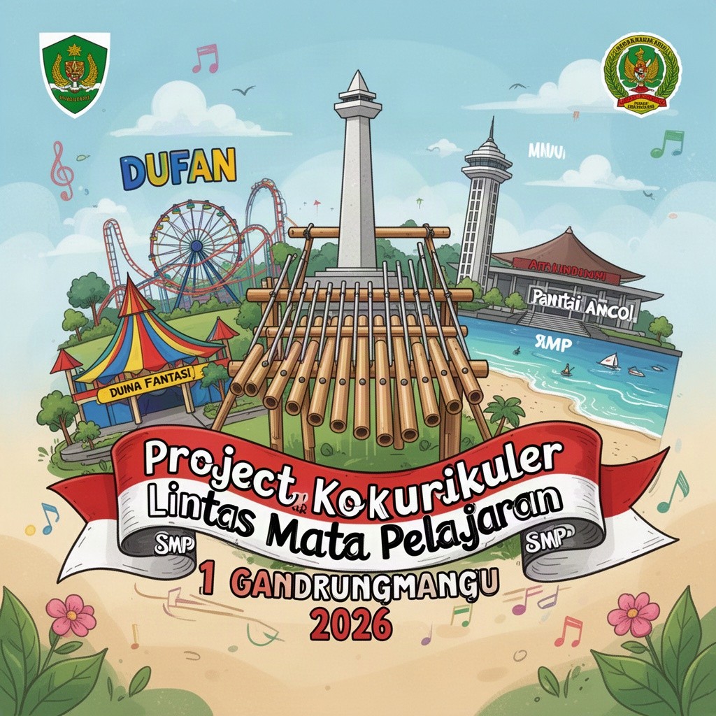 An illustration featuring a vibrant school project theme with scenes depicting iconic locations like Dufan (Dunia Fantasi), Monas (National Monument), and Pantai Ancol (Ancol Beach) intertwined with the traditional musical instrument Angklung