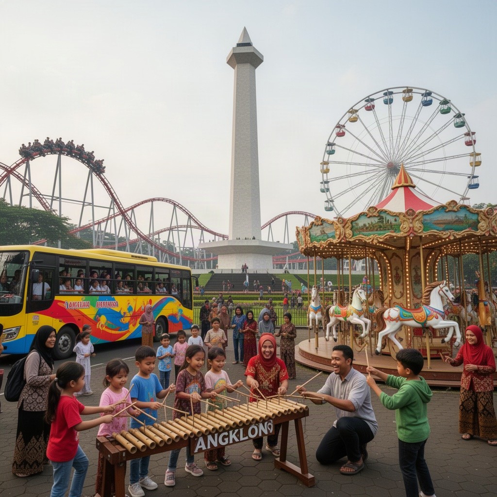 A lively scene featuring various attractions in an amusement park setting, including Monas (National Monument) prominently in the background