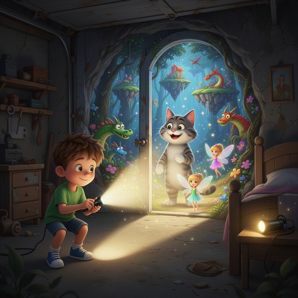 A colorful animated scene featuring a young boy named Maxim discovering a small flashlight in an old garage
