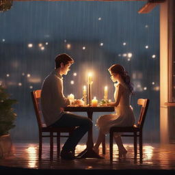 A decorative candle-lit dinner under a gentle rain at night, featuring a handsome boy seated while the girl stands proposing to him in a cinematic short scene.