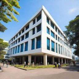 STIS: The Statistics Institute building in Jakarta, Indonesia, with its modern architecture under clear blue sky, bustling with students.