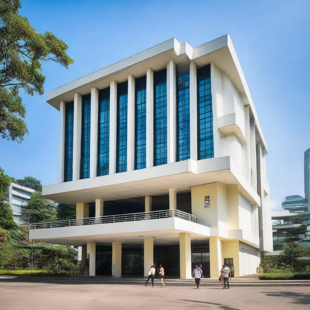 STIS: The Statistics Institute building in Jakarta, Indonesia, with its modern architecture under clear blue sky, bustling with students.