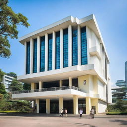 STIS: The Statistics Institute building in Jakarta, Indonesia, with its modern architecture under clear blue sky, bustling with students.