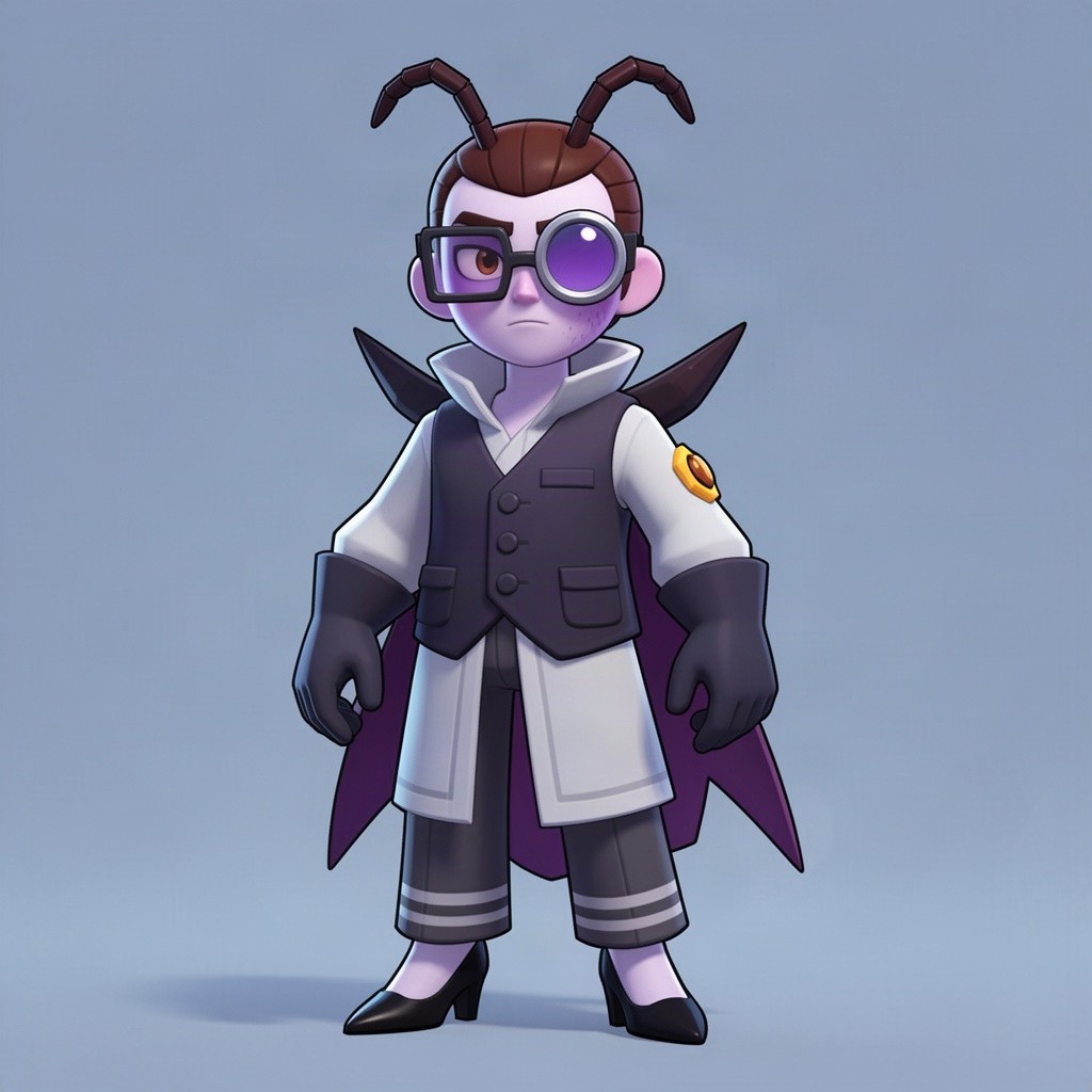 An original character inspired by the game Brawl Stars, featuring medium height, pale skin, and brown eyes fading into a dull purple hue