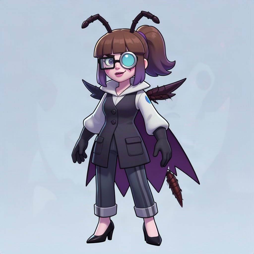 An original female character inspired by the game Brawl Stars, featuring medium height, pale skin, and brown hair transitioning into a dull purple hue, styled with double bangs and a ponytail