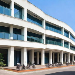 STIS: The Statistics Institute building in Jakarta, Indonesia, with its modern architecture under clear blue sky, bustling with students.