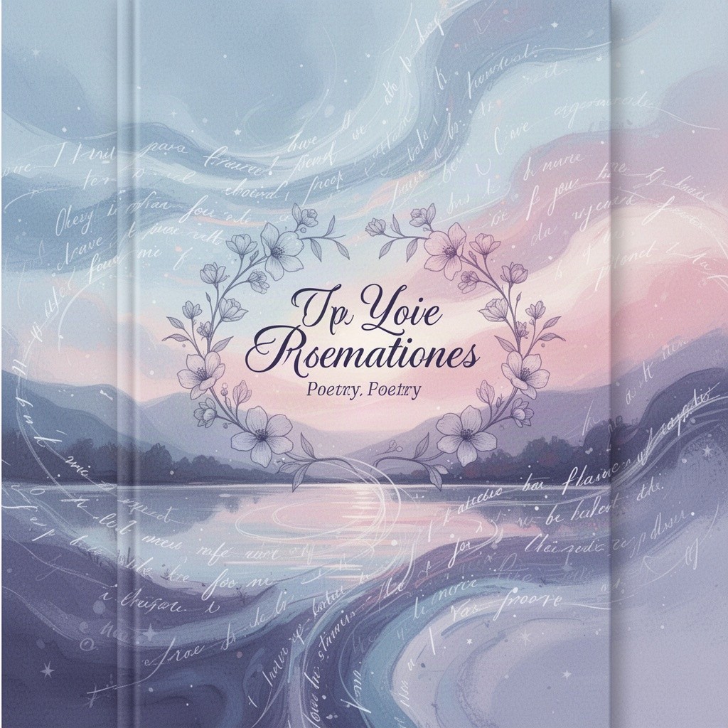 A visually striking cover design for a poetry book, featuring an abstract artistic illustration of a tranquil landscape merging with swirling poetic lines and words that evoke emotions