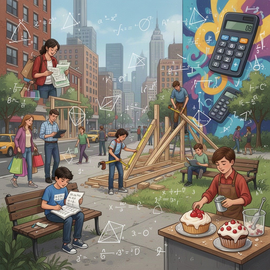An engaging and colorful representation of mathematics in real life, featuring various mathematical concepts applied in everyday situations