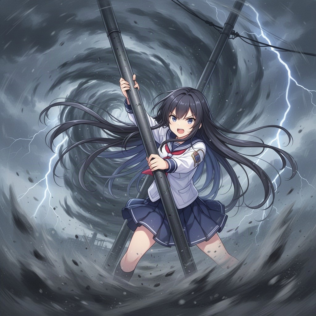 An anime girl with long flowing hair clinging to a metal pole amidst a fierce tornado storm, the background filled with swirling dark clouds and gusts of wind