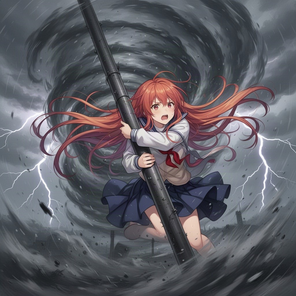 An anime girl with long, vibrant hair clinging desperately to a sturdy metal pole in the midst of a raging tornado storm