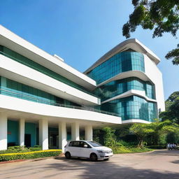 STIS: The Statistics Institute building in Jakarta, Indonesia, with its modern architecture under clear blue sky, bustling with students.