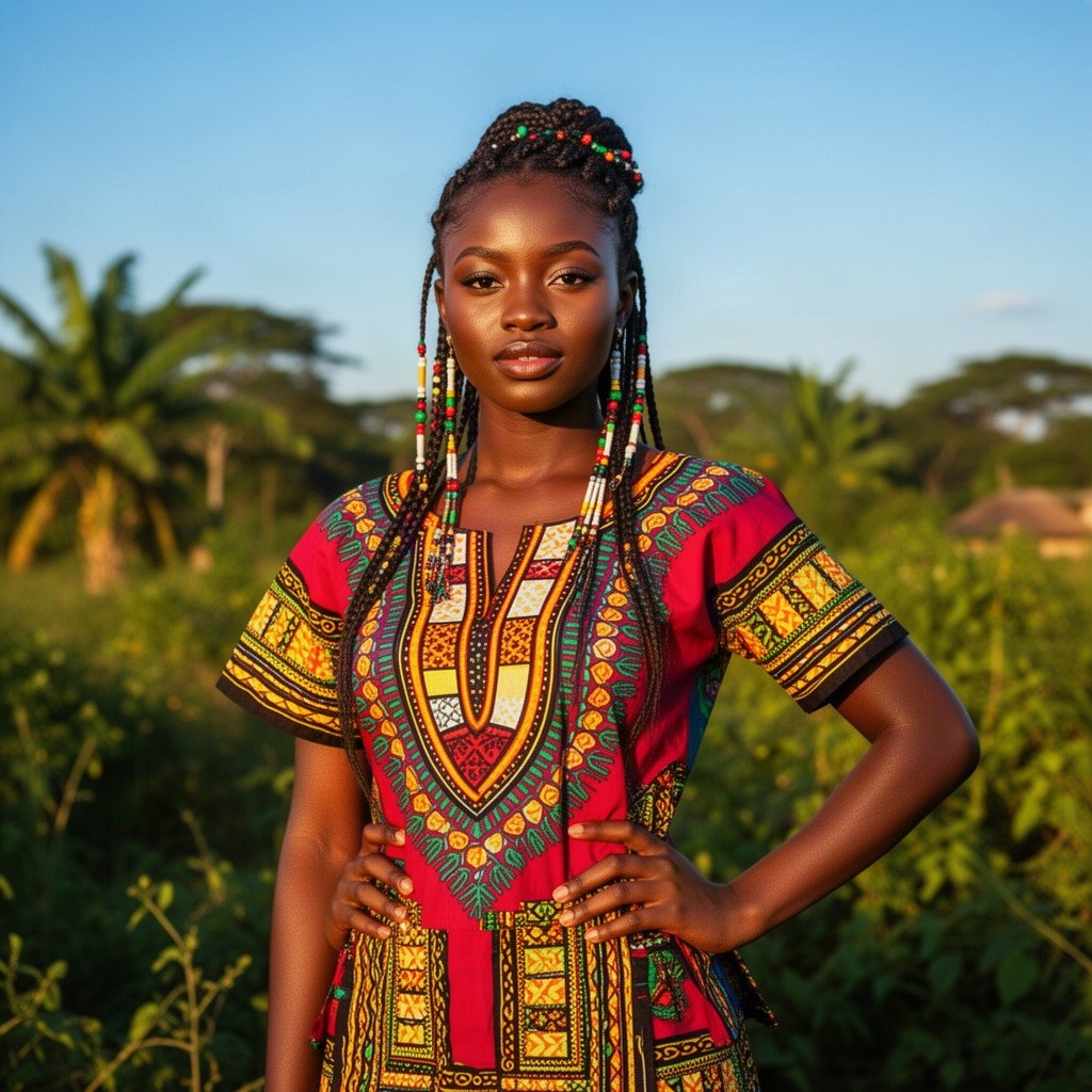 A beautiful young Nigerian woman standing confidently, showcasing her rich cultural heritage