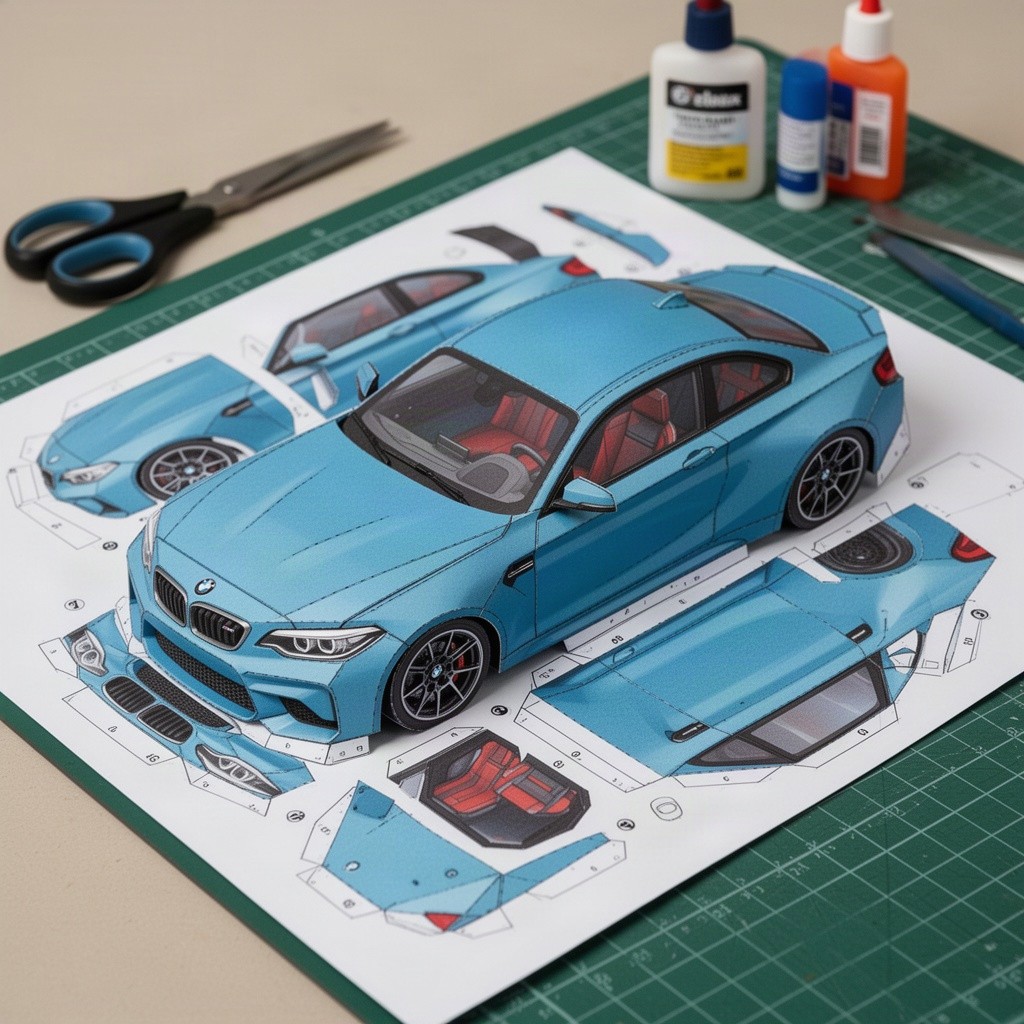 A detailed papercraft template of a BMW M2, showcasing all individual parts ready for cutting