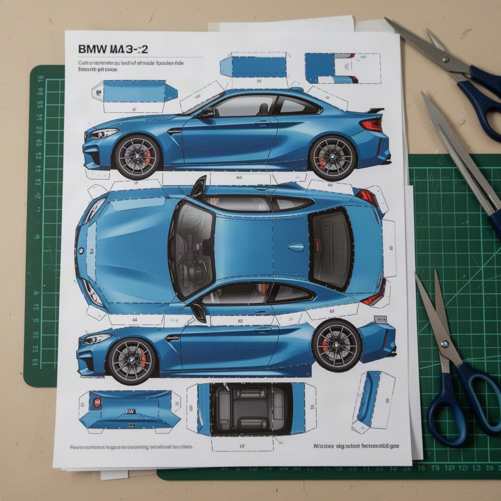 A detailed papercraft template of a BMW M2 designed specifically to fit on A4 paper, showcasing all individual parts arranged for easy cutting