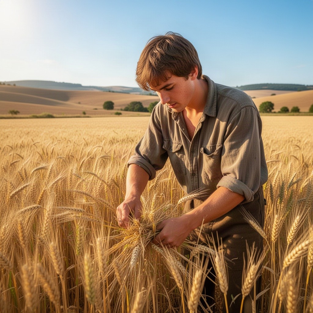 A 45-year-old farm boy with brown hair tending to a dwarf wheat field, wearing rustic work clothes