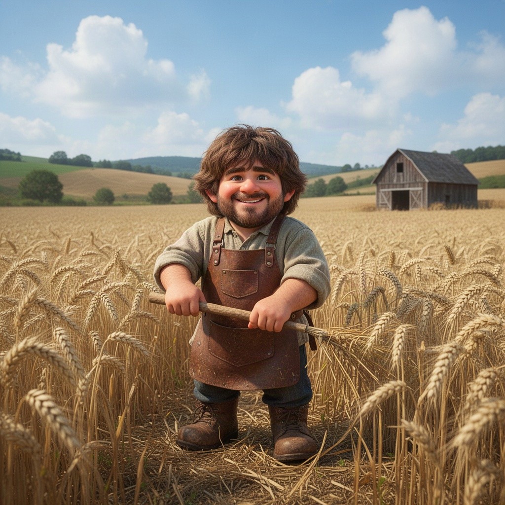 A 45-year-old dwarf farm boy with thick brown hair, working diligently in a vast wheat field
