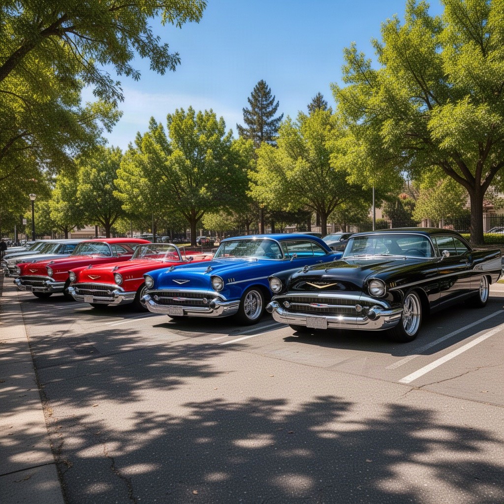 A stunning collection of vintage cars parked in a sunlit street, showcasing their polished chrome details and vibrant colors