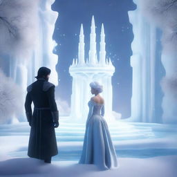 This is a 4K HD digital art image featuring a distant couple, a prince with black hair and a princess with loose white hair