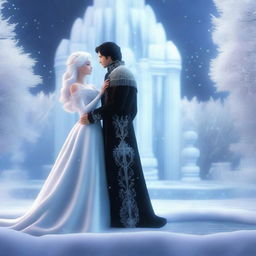 This is a 4K HD digital art image featuring a distant couple, a prince with black hair and a princess with loose white hair