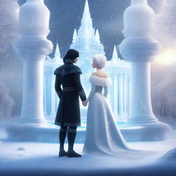 This is a 4K HD digital art image featuring a distant couple, a prince with black hair and a princess with loose white hair