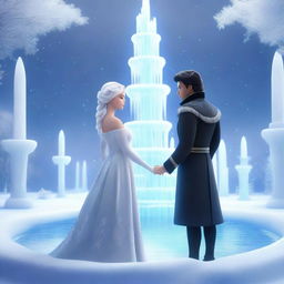 This is a 4K HD digital art image featuring a distant couple, a prince with black hair and a princess with loose white hair