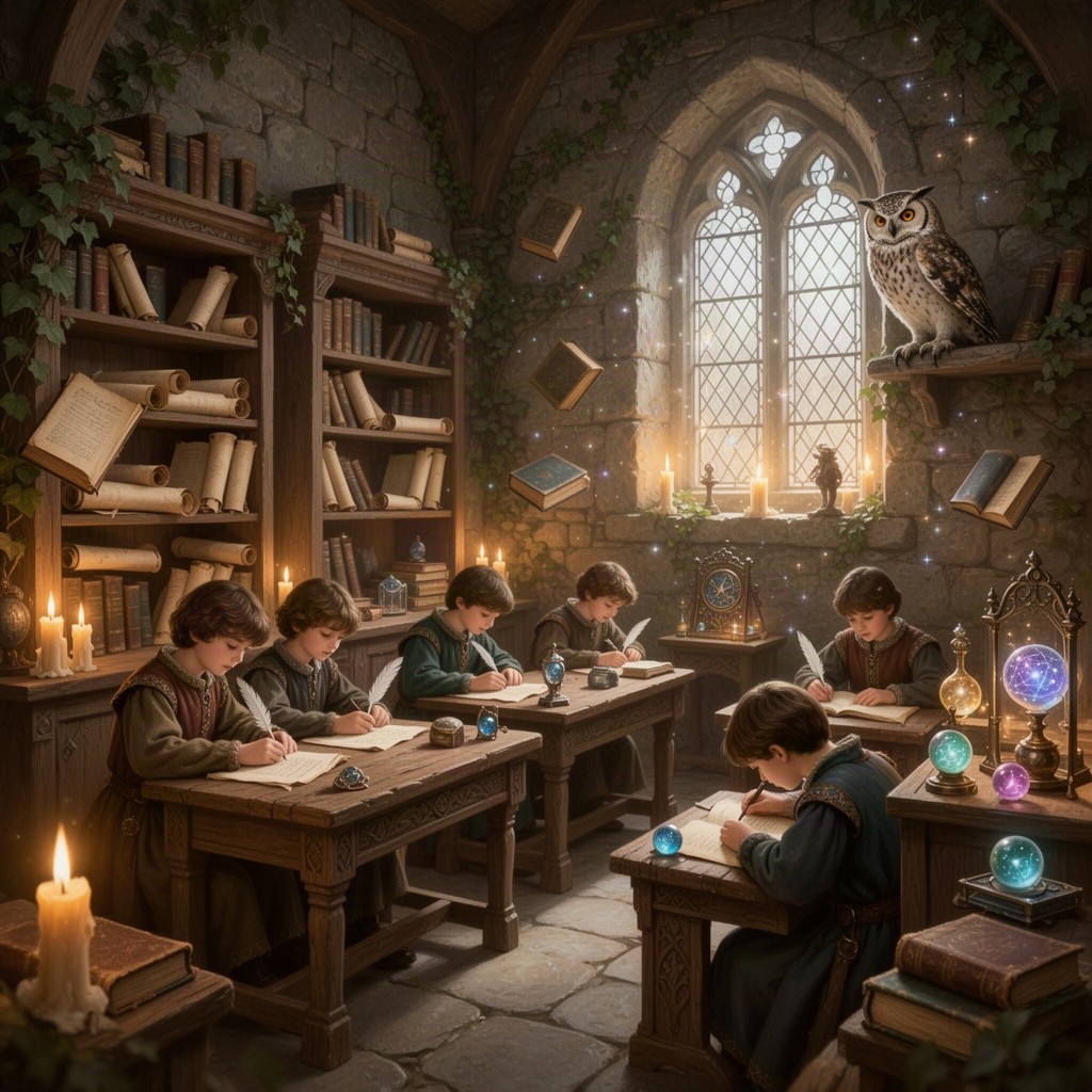 A beautifully detailed and whimsical medieval school setting, with ancient stone walls adorned with ivy, tall wooden shelves filled with scrolls and dusty tomes, and warm candlelight casting a glow over the room