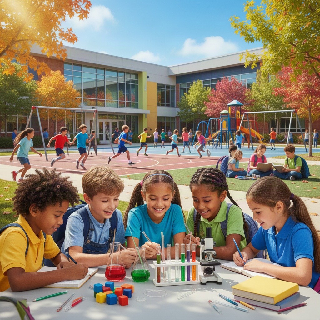 A vibrant and lively school scene filled with diverse students engaged in various activities
