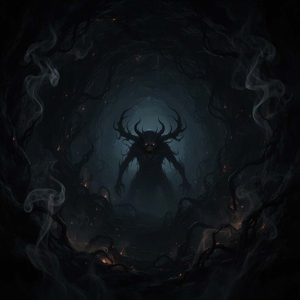 A dark, expansive abyss, with swirling shadows and an eerie atmosphere
