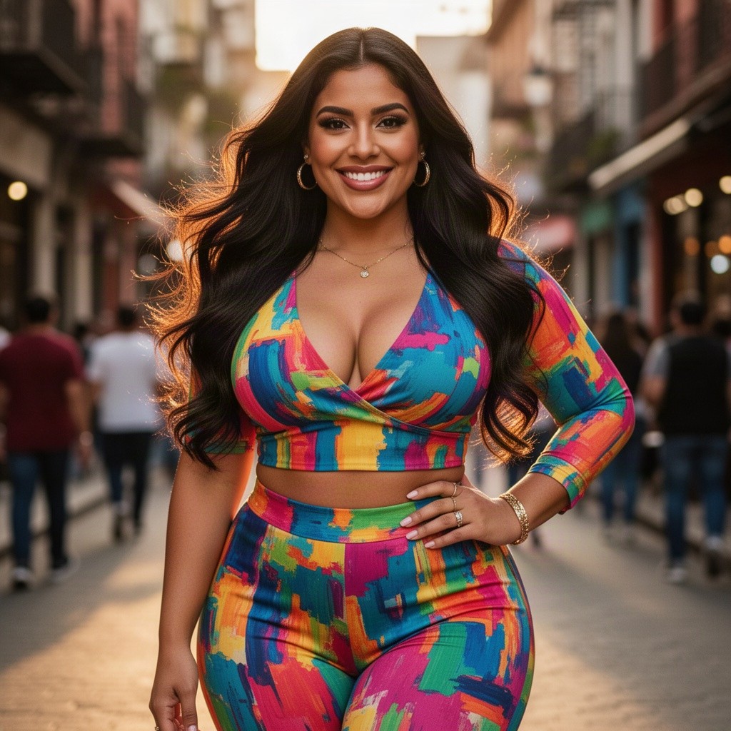 A beautiful Latina woman, exuding confidence and charm, wearing a stylish and vibrant outfit that showcases her curves