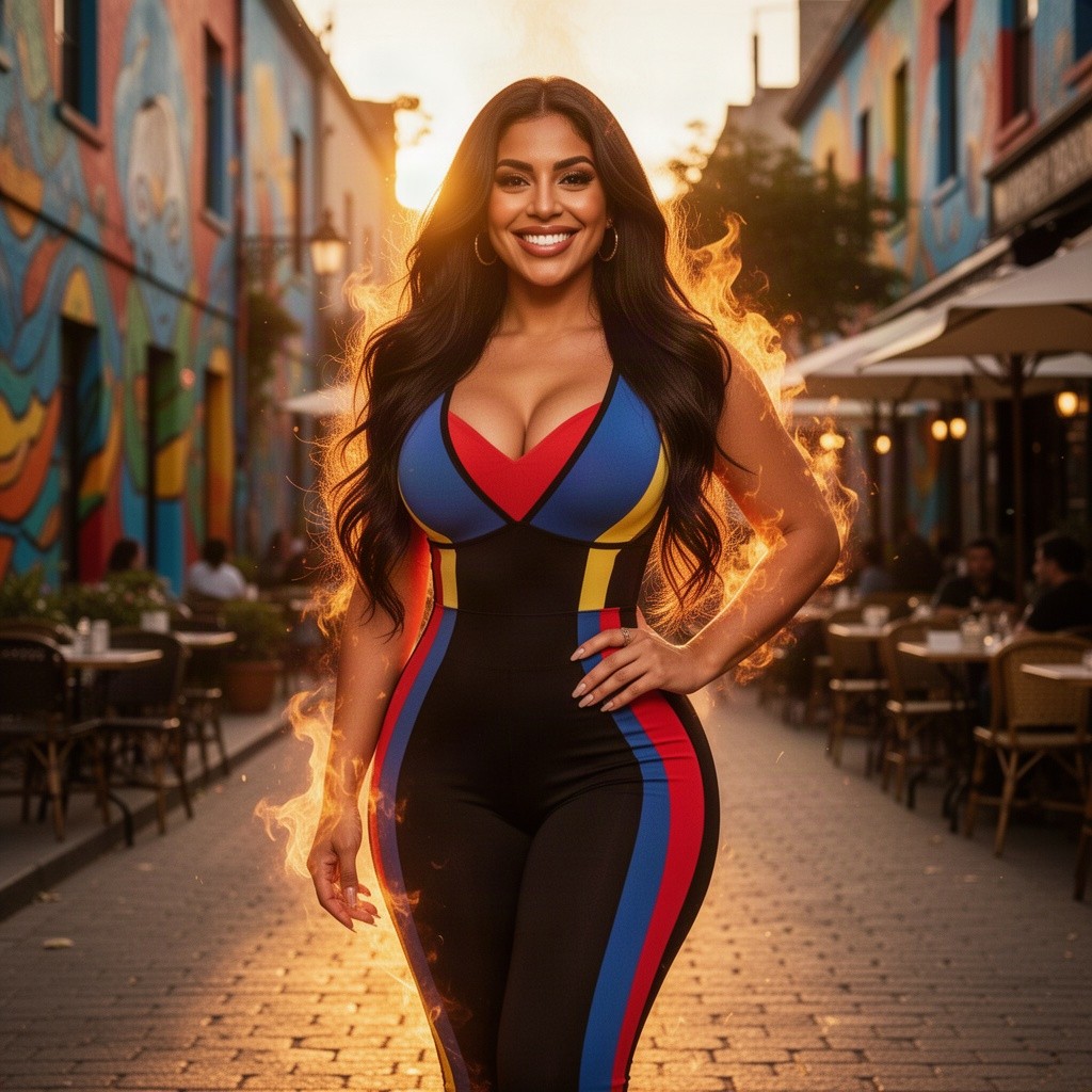 A stunning Latina woman with a fiery aura, showcasing her vibrant personality