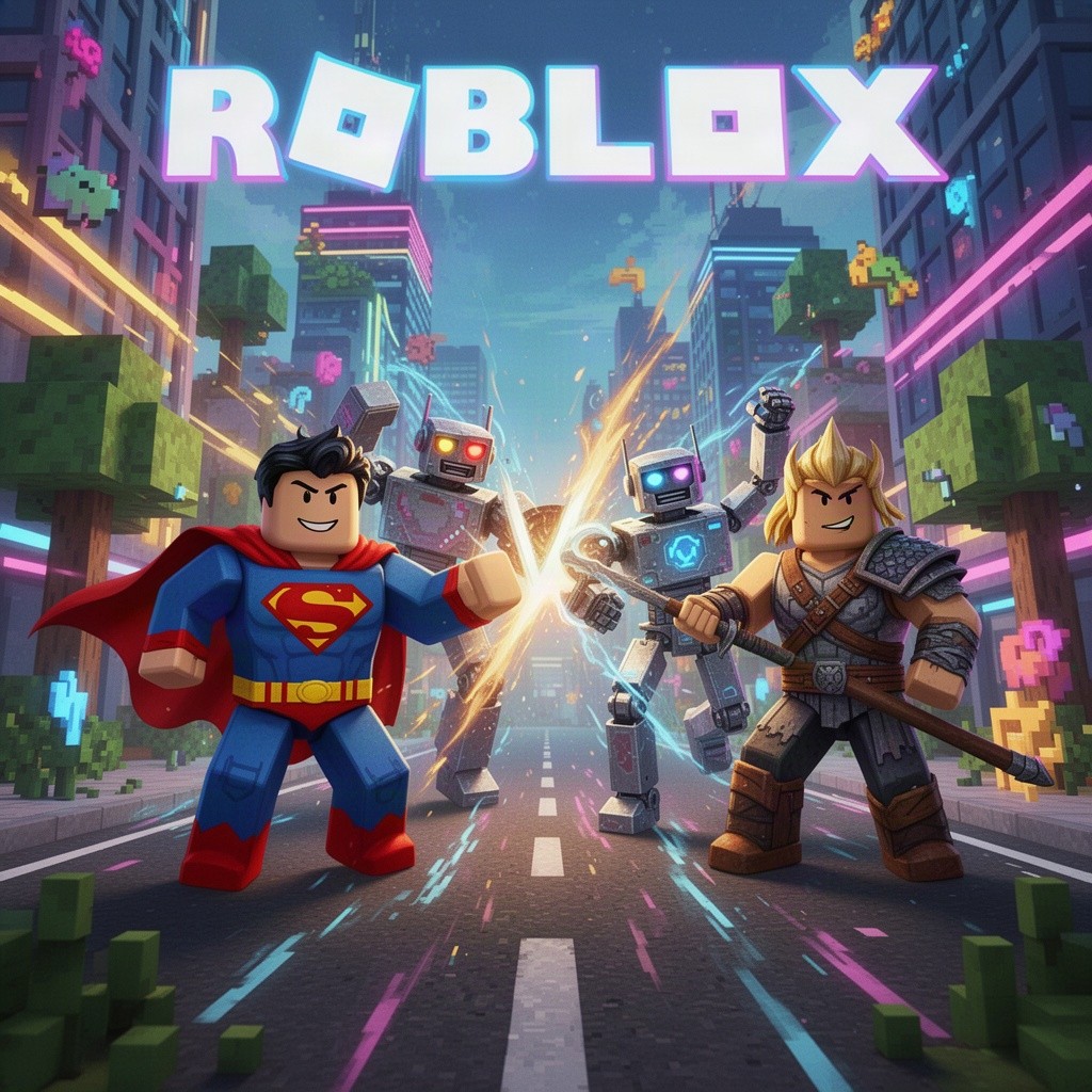 A vibrant and energetic wallpaper featuring characters in a Roblox environment, showcasing an epic rivalry scene