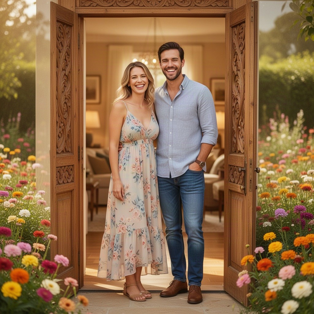 A happy couple standing in a doorway with bright smiles