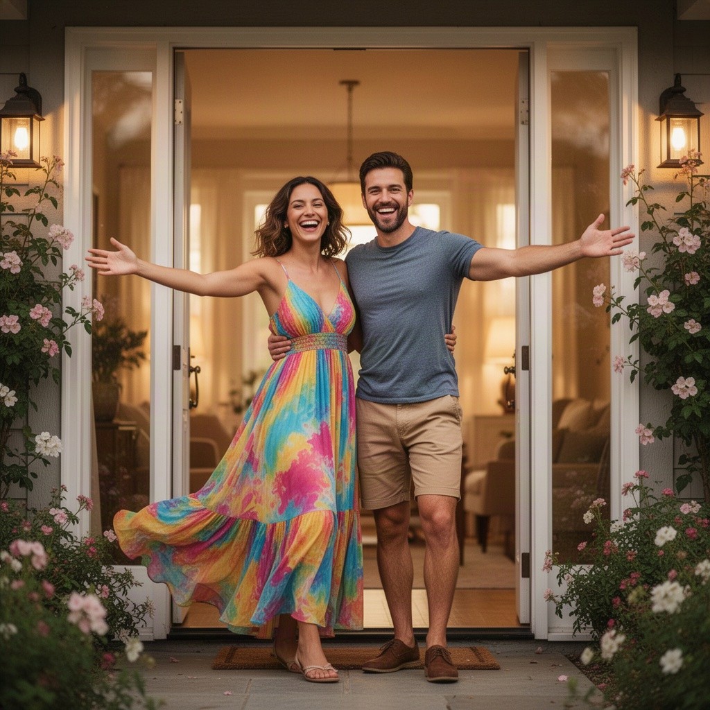 A joyful couple standing in the doorway of their home with big smiles and open arms